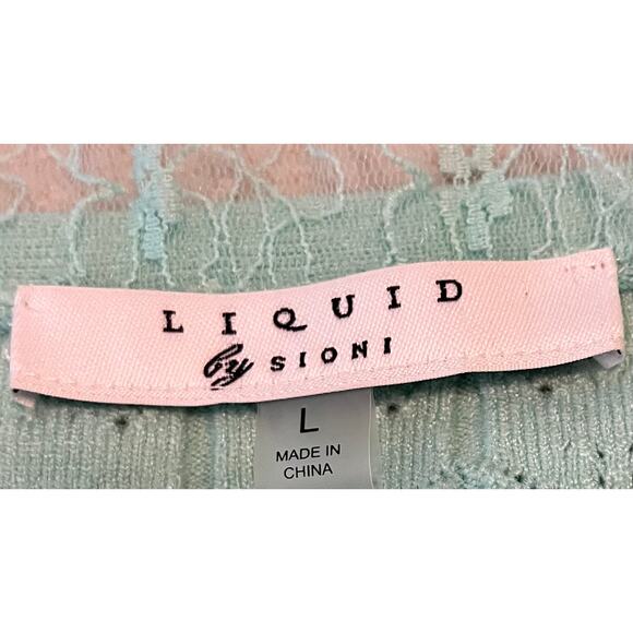 LIQUID BY SIONI SHORT LACE SLEEVE PULL-OVER BLOUSE, WOMENS, L, MINT GREEN, TIE - Picture 9 of 10